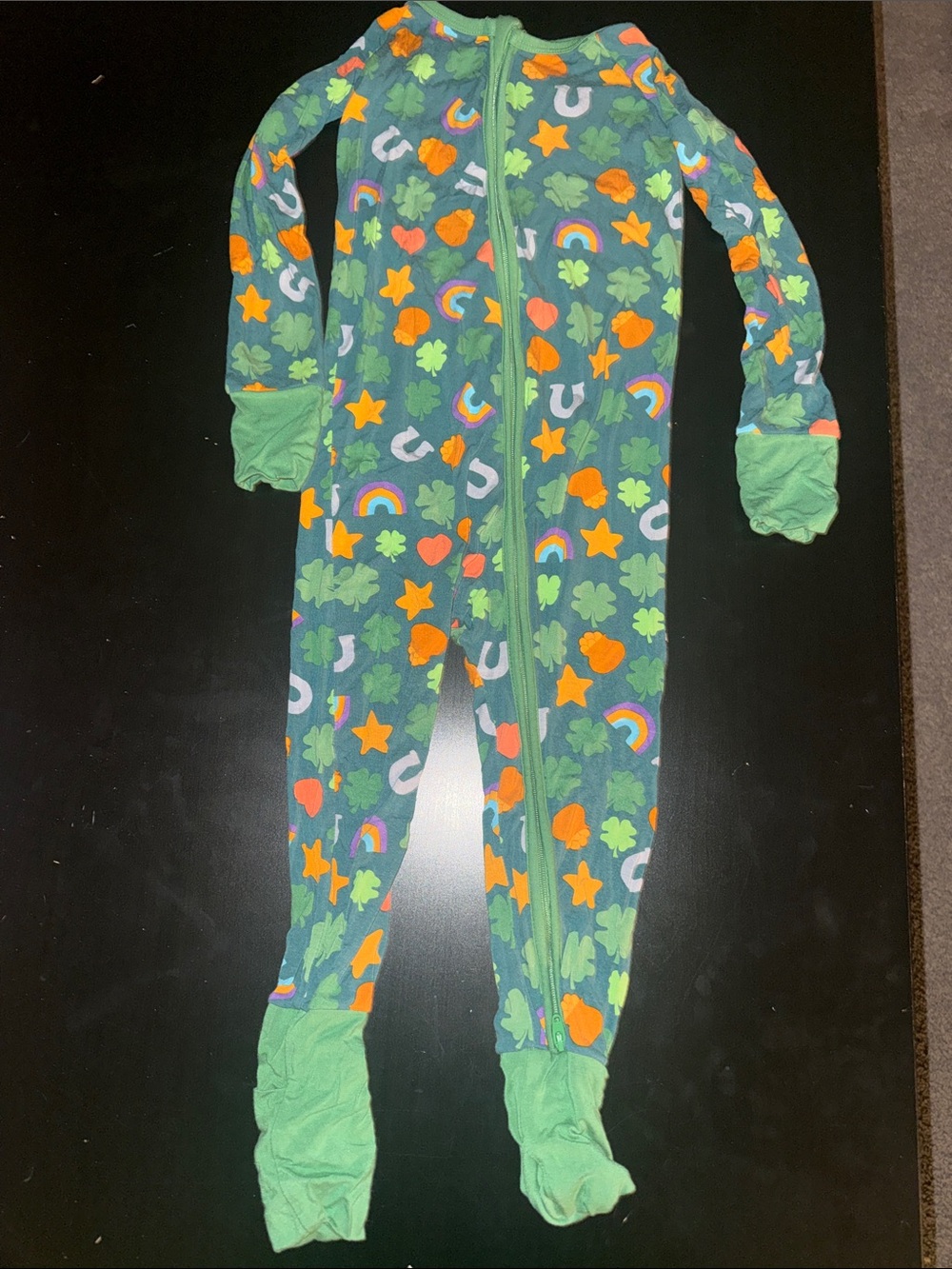 Green Kids One-Piece Pajamas with Rainbow & Clover Print